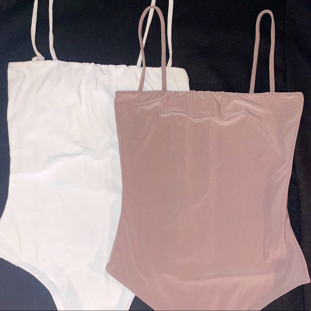 White and beige square spaghetti strap Fashion Nova bodysuits